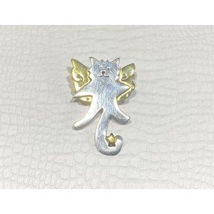 FF 925 Silver - Vintage Flying Angel Dog Brooch Pin Two Tone Designer Signed